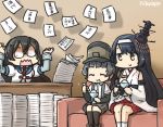  3girls anger_vein arare_(kantai_collection) arm_warmers black_hair black_legwear brown_eyes commentary couch cracked_lens dated desk detached_sleeves eating epaulettes floral_print food fusou_(kantai_collection) glasses hachimaki hair_ornament hamu_koutarou hat headband ice_cream kantai_collection kneehighs long_sleeves multiple_girls nontraditional_miko ooyodo_(kantai_collection) paper_stack remodel_(kantai_collection) school_uniform semi-rimless_glasses serafuku short_hair sparkle spoon suspenders translation_request 