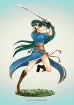  1girl artist_name boots dress fingerless_gloves fire_emblem fire_emblem:_rekka_no_ken full_body gloves gradient gradient_background green_eyes green_hair gzei high_ponytail highres holding holding_sword holding_weapon katana long_hair lyndis_(fire_emblem) obi pelvic_curtain ponytail sash scabbard scrunchie serious sheath side_slit solo standing standing_on_one_leg sword unsheathed very_long_hair watermark weapon 