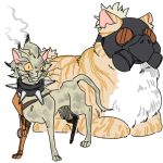  2boys animal animal_ears animalization blizzard_(company) blonde_hair burnt burnt_fur burnt_hair cat cat_ears cat_tail collar crazy_smile cyborg gas_mask hair headband headphones headset junkrat_(overwatch) lillu lowres mask messy_hair multiple_boys orange_fur overwatch paws plump ponytail prosthesis prosthetic_leg roadhog_(overwatch) slit_pupils smoke spiked_collar spikes tabby_cat tagme tail whiskers white_fur 