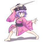 1girl barefoot bowl gplnbeat japanese_clothes kimono needle purple_hair solo stance sukuna_shinmyoumaru touhou violet_eyes 
