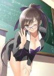  1girl adjusting_glasses bespectacled bra breasts brown_eyes brown_hair business_suit classroom cleavage formal glasses hair_ribbon hand_on_own_thigh highres indoors jewelry lace_bra leaning_forward looking_at_viewer maxima_enfield necklace one_eye_closed pendant pinstripe_suit ponytail purple_bra ribbon shining_(series) shining_blade smile solo striped suit tanaka_takayuki underwear 