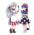  2girls apron blue_eyes blue_hair bow bowtie braid brown_shoes commentary_request cookbook crescent doremy_sweet dress full_body grey_hair hat head_scarf kishin_sagume ladle long_sleeves multiple_girls nightcap pom_pom_(clothes) reading red_bow red_bowtie red_eyes shoes short_hair simple_background single_wing sisikuku socks spatula standing star tail touhou white_background white_legwear wings 
