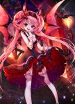  1girl :d animal_ears arm_ribbon bat black_dress black_joa breasts candle choker demon_wings dress fang garter_straps highres long_hair open_mouth original pink_hair pink_ribbon red_eyes ribbon skirt_hold smile solo sparkle strap_slip thigh-highs twintails very_long_hair white_legwear window wings 