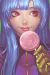  1girl blue_hair candy gloves highres kula_diamond lollipop long_hair red_eyes smile snk solo spade-m the_king_of_fighters 