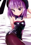  1boy 1girl animal_ears bare_shoulders blush bunny_girl bunny_tail bunnysuit detached_collar fake_animal_ears fang fate/grand_order fate_(series) fox_ears helena_blavatsky_(fate/grand_order) highres leotard looking_at_viewer open_mouth pantyhose purple_hair rabbit_ears shimeji_nameko short_hair smile solo_focus tail thomas_edison_(fate/grand_order) violet_eyes 