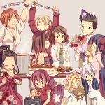  1boy 6+girls antique_camera arms_behind_back black_hair blonde_hair blue_eyes blush bouquet bow braid brown_eyes brown_hair cake camera china_dress chinese_clothes closed_eyes curly_hair dog dougi dress earrings flower food freckles fujieda_kaede glasses grey_hair hair_bow hair_over_one_eye hairband hakama hand_on_own_cheek hands_on_lap hat iris_chateaubriand japanese_clothes jewelry kanzaki_sumire kimono kirishima_kanna lavender_background leni_milchstrasse looking_at_another looking_to_the_side maria_tachibana meiji_schoolgirl_uniform multiple_girls necklace obi oogami_ichirou oven_mitts pants paper_chain party party_hat pink_bow plate purple_hair red_bow red_dress red_shirt redhead reverse_trap ri_kouran rose sakura_taisen sash shinguuji_sakura shirt short_hair simple_background sitting skirt snack soletta_orihime soup spiky_hair steam strapless strapless_dress stuffed_animal stuffed_toy table teddy_bear tongue tongue_out tranquillo_barnetta twin_braids wato 