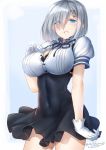  1girl black_bra blue_eyes blush bra breasts cowboy_shot dated eyes_visible_through_hair gloves hair_ornament hair_over_one_eye hairclip hamakaze_(kantai_collection) kantai_collection large_breasts looking_at_viewer okitakung parted_lips ribbon short_hair signature silver_hair solo unbuttoning underwear white_gloves 