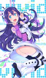  1girl ahoge animal_ears aqua_eyes ass double_v idolmaster idolmaster_million_live! keiseki_(keiseki_123) long_hair looking_at_viewer mochizuki_anna open_mouth purple_hair rabbit_ears smile solo striped striped_legwear thigh-highs thighs v 