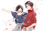  2boys ^_^ black_hair blurry brown_hair closed_eyes depth_of_field earrings hakama highres japanese_clothes jewelry kashuu_kiyomitsu male_focus mole mole_under_eye mole_under_mouth multiple_boys open_mouth petals ponytail red_eyes sando_(310_sand) scarf smile touken_ranbu yamato-no-kami_yasusada 