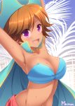  1girl :d armpits artist_name bangs bikini_top blush breasts brown_hair cape cleavage collarbone eileen_(pop&#039;n_music) eyebrows eyebrows_visible_through_hair fang hat large_breasts looking_at_viewer maron_(1212ama) navel open_mouth outstretched_arms pirate_hat pop&#039;n_music short_hair smile solo tan tree_branch upper_body violet_eyes water wet 
