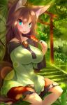  1girl animal_ears bench blue_eyes blush breasts brooch brown_eyes collarbone dango eating food forest highres imaizumi_kagerou jewelry koha large_breasts long_hair long_sleeves nature shirt sitting skirt solo stairs tail torii touhou very_long_hair wagashi wide_sleeves wolf_ears wolf_tail 