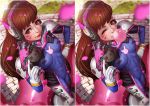  1girl bodysuit bubble_blowing bubblegum comparison d.va_(overwatch) facial_tattoo looking_at_viewer magion02 mecha multiple_views one_eye_closed overwatch pilot_suit tattoo 