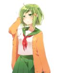  1girl ahoge alternate_costume arm_at_side asagao_minoru bangs blouse blush cardigan carrot_hair_ornament closed_mouth colored_eyelashes cowboy_shot eyebrows eyebrows_visible_through_hair eyelashes food_themed_hair_ornament green_eyes green_hair green_skirt gumi hair_ornament hairclip hand_on_own_head hand_up highres kerchief long_sleeves messy_hair off_shoulder open_cardigan open_clothes pleated_skirt school_uniform serafuku shade short_hair simple_background skirt solo vocaloid wavy_mouth white_background white_blouse 