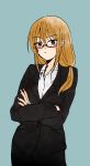  1girl blonde_hair crossed_arms formal gintama glasses highres long_hair mutsu_(gintama) simple_background suit 