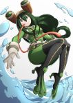  1girl absurdres asui_tsuyu bodysuit boku_no_hero_academia boots frog_girl gloves goggles goggles_on_head green_eyes green_hair highres jumping long_hair long_tongue low-tied_long_hair solo thigh-highs thigh_boots tongue tongue_out unknown_(dgraymem) water white_gloves 