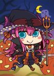  1girl april_fools blue_eyes blush_stickers chibi dragon_horns dragon_tail fate/extra fate/extra_ccc fate/grand_order fate_(series) hat horns lancer_(fate/extra_ccc) polearm pumpkin purple_hair riyo_(lyomsnpmp) tail trident weapon witch_hat 