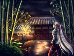  1girl architecture bamboo bird east_asian_architecture fujiwara_no_mokou highres night pants phoenix rain red_pants sign solo standing_in_rain touhou translation_request 