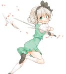  1girl black_bow black_shoes bow commentary_request dual_wielding eyebrows eyebrows_visible_through_hair full_body green_eyes green_skirt green_vest grey_hair hairband konpaku_youmu letter love_letter misha_(hoongju) open_mouth petals puffy_short_sleeves puffy_sleeves shoes short_sleeves simple_background skirt solo surprised sweatdrop sword touhou weapon white_background white_legwear 