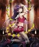  1girl arm_up armpits ass bangs bare_shoulders black_hair bow bracelet crop_top eyebrows eyebrows_visible_through_hair hair_between_eyes hair_ornament high_heels jewelry kneeling kuroi leaf long_hair looking_at_viewer looking_back mecha_musume midriff official_art original pantyhose senjou_no_electro_girl short_shorts shorts silhouette smile solo white_bow yellow_eyes 