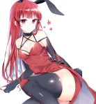  1girl animal_ears bangs bare_shoulders black_gloves black_legwear bunnysuit choker dress elsword gloves long_hair looking_at_viewer pinb rabbit_ears red_dress red_eyes redhead shadow shiny shiny_skin simple_background solo thigh-highs white_background 