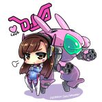  1girl :t bangs blush bodysuit brown_eyes brown_hair character_name chibi crossed_arms d.va_(overwatch) eyebrows eyebrows_visible_through_hair facial_mark fume headphones heart long_hair looking_at_viewer mecha navel overwatch phandit_thirathon pilot_suit pout skin_tight solo standing swept_bangs watermark web_address 