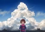  :d ^_^ androgynous brown_hair closed_eyes clouds frisk_(undertale) glowing heart open_mouth skyline smile solo stephanie_lee striped striped_sweater sweater undertale upper_body 