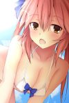  1girl animal_ears bikini breasts caster_(fate/extra) cleavage collarbone covered_nipples fang fate/extra fate/stay_night fate_(series) fox_ears hair_ribbon highres large_breasts looking_at_viewer open_mouth pink_hair ribbon solo swimsuit winter_(winterinkoakuma) yellow_eyes 