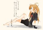  abukuma_(kantai_collection) bangs barefoot bike_shorts blonde_hair blue_eyes calligraphy_brush commentary_request fingerless_gloves gloves hair_rings hands_on_floor kantai_collection kitsuneno_denpachi knee_up long_hair open_mouth paintbrush paper pleated_skirt ribbon school_uniform serafuku shorts_under_skirt skirt toe_hold translation_request writing 