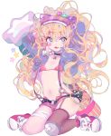  1girl :d animal_ears arms_up bandaid bandaid_on_face bangs blonde_hair blue_eyes bow bra brown_legwear cat_ears eyebrows eyebrows_visible_through_hair garter_straps hair_between_eyes inhye long_hair navel open_mouth pink_bra pink_shorts seeu simple_background single_thighhigh smile solo star star-shaped_pupils stomach suspenders symbol-shaped_pupils thigh-highs underwear very_long_hair vocaloid wavy_hair white_background 