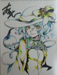  1girl :d arikanrobo embellished_costume eyeball frills green_eyes hair_between_eyes hat hat_ribbon heart heart_of_string komeiji_koishi marker_(medium) open_mouth ribbon short_hair smile solo string touhou traditional_media 