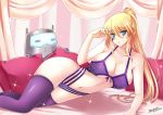  1girl :o =_= artist_name bare_shoulders bed blonde_hair blue_eyes blush bra breasts canopy_bed cleavage collarbone dated front-tie_top highleg highleg_panties large_breasts long_hair looking_at_viewer lying navel on_bed on_side original panties pillow ponytail purple_bra purple_legwear purple_panties robot sleeveless solo sparkle the-sinner thigh-highs under_boob underwear 