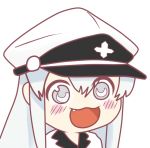  1girl :3 :d akame_ga_kill! blush blush_stickers chibi esdeath eyebrows eyebrows_visible_through_hair eyelashes fang grey_eyes grey_hair gyate_gyate hat long_hair meme military military_hat military_uniform open_mouth peaked_cap smile solo tooth uniform very_long_hair white_background 