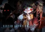  artist_name black_bow blonde_hair blood blood_splatter bow character_request clown_mask copyright_name doll_joints english finger_to_mouth five_nights_at_freddy&#039;s five_nights_at_freddy&#039;s:_sister_location frills glint gloves green_eyes grin hair_bow holding_microphone jewelry kawacy long_hair microphone red_eyes ring smile twintails white_gloves wrist_cuffs yellow_bow 