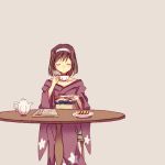  1girl blowing brown_hair chair choker closed_eyes cookie cup facing_viewer floral_print food hairband japanese_clothes kanzaki_sumire kimono lavender_background magazine mole mole_under_eye obi plate sakura_taisen sash saucer short_hair simple_background sitting solo steam table teacup teapot violet_(flower) wato 