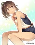  1girl :o bare_shoulders bent_knees blush brown_eyes brown_hair collarbone i-401_(kantai_collection) kantai_collection looking_at_viewer one-piece_swimsuit ponytail sailor_collar school_swimsuit school_uniform serafuku shijima_(sjmr02) short_hair short_ponytail sitting sleeveless solo swimsuit swimsuit_under_clothes tan twitter_username 