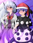  2girls :&gt; :/ arm_behind_back blue_hair blush bow bowtie braid doremy_sweet dress full-face_blush gradient gradient_background hand_on_hip hat highres holding_hands interlocked_fingers jacket kishin_sagume layered_dress long_sleeves looking_to_the_side multiple_girls nightcap one_eye_closed open_clothes open_jacket oshiaki pom_pom_(clothes) purple_dress red_eyes short_hair short_sleeves silver_hair single_wing sweat tail touhou wings yuri 