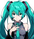  1girl arisaka_ako bare_shoulders breasts detached_sleeves green_eyes green_hair green_nails green_necktie hair_ornament hatsune_miku headset long_hair long_sleeves looking_at_viewer nail_polish necktie solo twintails twitter_username uneven_eyes upper_body vocaloid white_background 