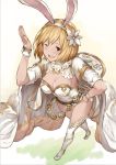 1girl alternate_costume animal_ears blonde_hair breasts bunny_girl cape djeeta_(granblue_fantasy) from_above full_body granblue_fantasy hairband hand_on_hip leotard lialight looking_at_viewer one_eye_closed perspective rabbit_ears short_hair short_sleeves sideboob thighs white_clothes white_footwear yellow_eyes 