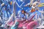  3girls animal arm_support armor bangs bird bird_wings blonde_hair blue_sky blurry bodysuit boots breasts brown_eyes brown_hair building building_block bunny_print cityscape clothes_writing clouds cloudy_sky d.va_(overwatch) dark_skin eyelashes facepaint facial_mark faux_traditional_media feathers full_body gauntlets gloves gun headphones helmet high_ponytail highres holding jetpack light_smile lips lipstick long_hair looking_at_another makeup mecha mechanical_halo mechanical_wings mercy_(overwatch) mixed_media motion_blur multiple_girls open_mouth overwatch pantyhose pauldrons pharah_(overwatch) pilot_suit ponytail power_armor rabbit rocket_launcher short_hair shoulder_pads sitting skin_tight sky skyscraper smile solo song_ren staff swept_bangs thigh-highs thigh_boots turtleneck watercolor_pencil_(medium) weapon white_boots white_gloves wings yellow_eyes 