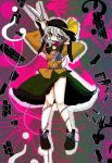  1girl ? black_hat black_shoes bow crazy_eyes floral_background full_body green_eyes green_skirt hat hat_bow hat_ribbon highres index_finger_raised knife komaku_juushoku komeiji_koishi phone phone_cord ribbon rubble shirt shoes silver_hair skirt smile solo third_eye touhou wide_sleeves yellow_bow yellow_ribbon yellow_shirt 