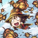  1girl bandages black_hair cape chibi dr.beeeee explosion hat kono_subarashii_sekai_ni_shukufuku_wo! megumin o_o open_mouth short_hair single_thighhigh solo thigh-highs witch_hat 