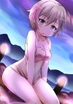  1girl anastasia_(idolmaster) blue_eyes breasts cleavage hayasaka_(neoneet) highres idolmaster idolmaster_cinderella_girls naked_towel short_hair silver_hair solo towel 