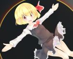  1girl blonde_hair blush fang gplnbeat hair_ribbon highres open_mouth outstretched_arms red_eyes ribbon rumia solo touhou 
