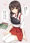  /\/\/\ 1girl :d ? akagi_(kantai_collection) arm_at_side bangs black_hair blush eyebrows eyebrows_visible_through_hair hair_between_eyes hakama_skirt hand_on_own_thigh head_tilt heart japanese_clothes kantai_collection long_hair miniskirt muneate nakamura_sumikage no_shoes open_mouth seiza simple_background sitting skirt sleeves_past_elbows smile solo speech_bubble straight_hair talking tasuki thigh-highs translation_request white_legwear yellow_eyes zettai_ryouiki 