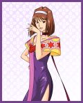  1girl alternate_costume border brown_eyes brown_hair choker dress fairey_gannet_(teriyaki_taro) floral_background gown hairband hand_on_hip hand_up heart kanzaki_sumire looking_at_viewer mole mole_under_eye ojou-sama_pose red_ribbon ribbon ribbon_choker sakura_taisen sash short_hair side_slit solo strapless strapless_dress 