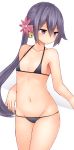  1girl akebono_(kantai_collection) alternate_costume arms_at_sides bare_shoulders bell bikini breasts flower hair_bell hair_between_eyes hair_flower hair_ornament head_tilt kantai_collection long_hair looking_down micro_bikini mizushina_minato navel open_mouth purple_hair side_ponytail sideboob small_breasts swimsuit very_long_hair violet_eyes 