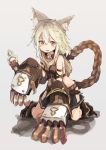  1girl animal_ears arm_strap bangs blonde_hair boots braid center_opening claw_(weapon) claw_pose collar elbow_gloves erun_(granblue_fantasy) eyebrows eyebrows_visible_through_hair fang flipped_hair gloves granblue_fantasy grey_background hair_between_eyes highres hip_vent hizakozouzu hood huge_weapon kneeling long_hair looking_at_viewer midriff miniskirt open_mouth pleated_skirt red_eyes sen_(granblue_fantasy) shadow single_braid skirt solo weapon 