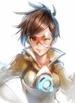  armor brown_eyes brown_hair glowing goggles matsuda_(matsukichi) one_eye_closed overwatch tracer_(overwatch) 