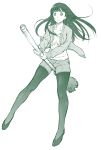  1girl bangs between_legs broom broom_riding cardigan closed_mouth flats flying_witch full_body green holding kouda_tomohiro kowata_makoto long_hair long_sleeves looking_at_viewer monochrome open_cardigan open_clothes pantyhose shorts simple_background sketch smile solo white_background 