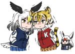  &gt;:s &gt;:| 3girls :d :s alternate_costume alternate_eye_color angry animal_ears animal_print anyan_(jooho) bald_eagle_(kemono_friends) bird_tail bird_wings black_eyes black_scarf blonde_hair blue_jacket blue_skirt brown_hair brown_skirt buttons chibi_inset cowboy_shot cropped_legs cropped_torso dot_nose empty_eyes extra_ears eye_contact eyebrows_visible_through_hair eyelashes gradient_hair grey_hair hair_between_eyes hands_in_pockets head_wings jacket kemono_friends latin letterman_jacket long_hair long_sleeves looking_at_another motion_lines multicolored multicolored_clothes multicolored_hair multicolored_jacket multiple_girls no_nose open_mouth plaid plaid_skirt pleated_skirt pocket popped_collar red-crowned_crane red-crowned_crane_(kemono_friends) red_jacket redhead scarf school_uniform shaded_face simple_background skirt smile streaked_hair striped_tail tail tareme tiger_(kemono_friends) tiger_ears tiger_print tiger_tail trembling tsurime upper_body white_background white_hair white_jacket wings yellow_eyes 